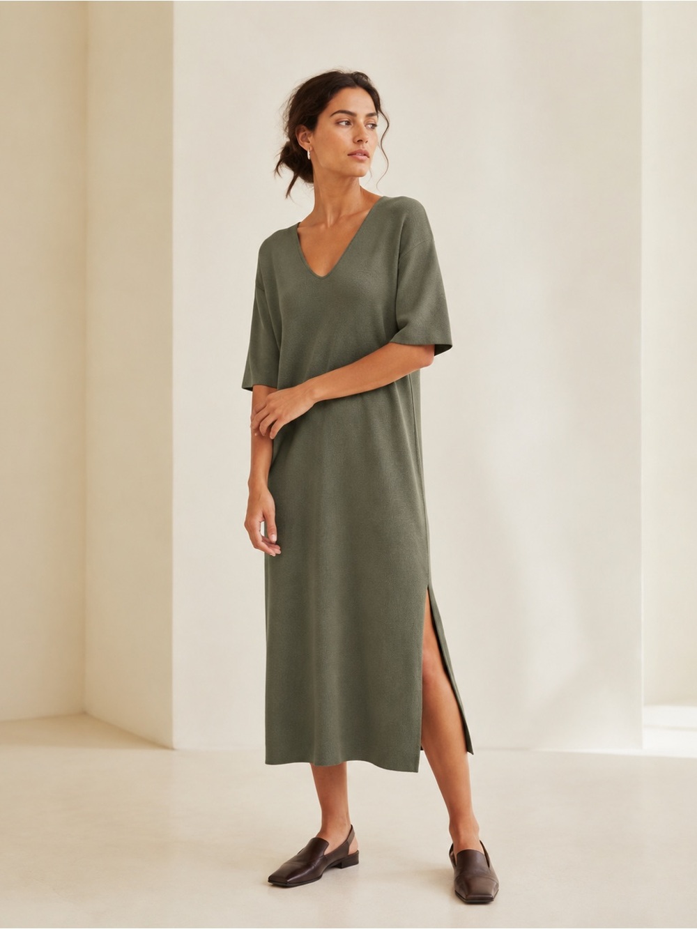 Massimo Dutti Olive Green V-Neck Heavy Knit Midi Dress | Sz XS Oversized